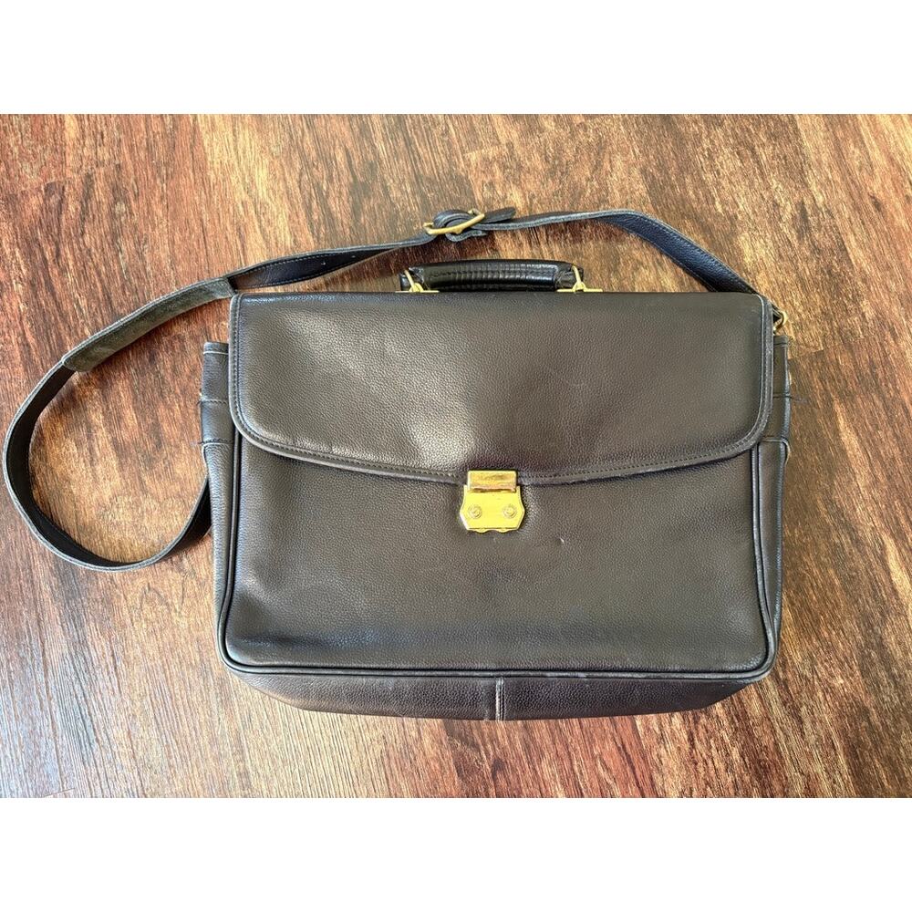 Vintage Leather Briefcase Lock Combination Messenger Bag - Black